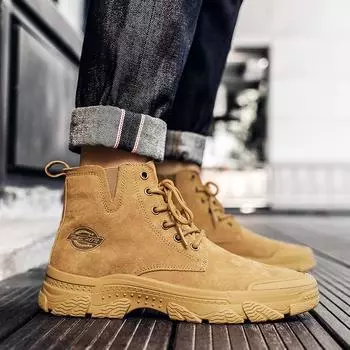 Fashion Men All-match Men s Motorcycle Boots Handmade Mens Lace-Up Sneakers Luxury Brand Men Ankle Boots Leather Hot Sale High Top Shoes 38 светло-коричневого
