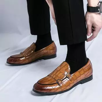 Fashion Men Loafer 2024 New Yellow/black/blue Handmade Retro Double Spliced Buckle Straps Casual Shoe Moccasins Men Leather Flat 38 чёрный