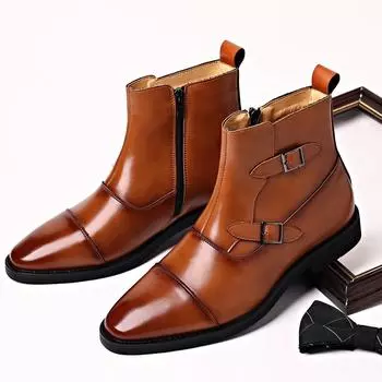 Fashion Men s Classic Trendy Leather Short Boots Men British Style Ankle Boot Mens High-top Buckle Zip Shoes 38 (US 6) коричневый
