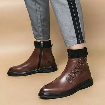 Fashion Men s high top leather shoes Fashion designer style Party Wedding Outdoor Leisure Business Motorcycle Men s Boots Walking shoes 38 коричневый