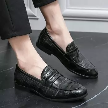 Fashion Men s Leather Shoes slip on loafers 2024 New Men Casual Shoes Soft Sole Breathable Shallow Flats Shoes Loafers for Men moccasins 6.5 чёрный