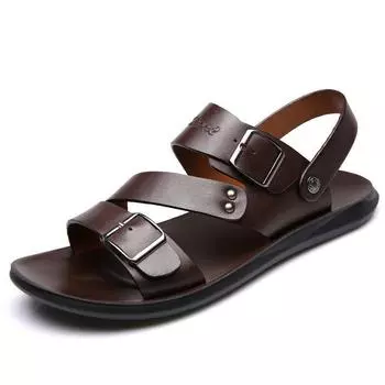 Fashion Men s Sandals Double Buckle Summer Men s Beach Shoes Outdoor Men s Leather Sandals Male Shoes Slippers Large Size 48 38 чёрный