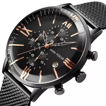 Fashion Men s Watch Multi-function Chronograph Movement Calendar Waterproof Steel Mesh Strap Watch