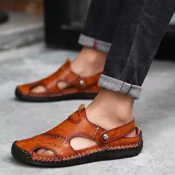 Fashion Men sandals 2024 classic slip-on soft platform shoes men comfortable flat sandals men Leather shoes footwear hot sell male shoes 38 коричневый