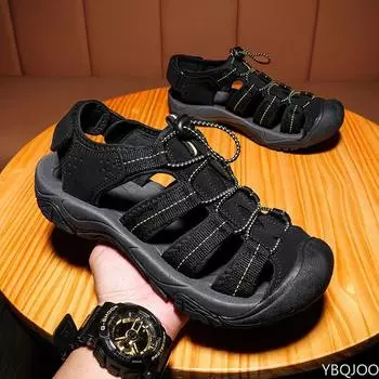 Fashion Men Sandals Summer Casual Beach Flat Shoes Non Slip Hiking Breathable Rubber 9 New Fashion 2024 Slippers Closed Toe 39 чёрный