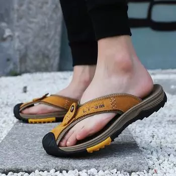 Fashion Mens Slippers Summer Breathable Casual Outdoor Flip Flops High Quality Cow Leather Comfy Non-Slip Beach Shoe for Men Sandals 38 светло-коричневого