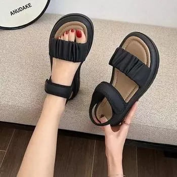 Fashion muffin thick-soled Velcro cool slippers summer new outer wear commuter open-toe word with sandals women 35