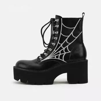 fashion New 2024 Platform Ankle Boots Women Autumn Lace Up Thick High Heel Punk Boot Woman Fashion Shoes Women s Casual Footwear 36 чёрный