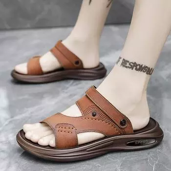 Fashion New Casual Men Soft Sandals Comfortable Men Summer Genuine Leather Men s slippers Men Roman Summer Outdoor Beach Sandals 38 чёрный