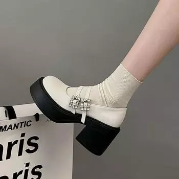 Fashion New Chunky Platform Mary Jane Shoes Women Patent Leather High Heels Pumps Woman Sweet Thick Heel Party Shoes Female 35 чёрный