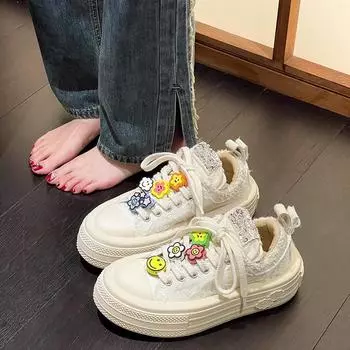 Fashion New Design Women s Platform Canvas Shoes Lace Casual Shoes Flower Decoration Canvas Shoes 5 Cm Heels Lolita Shoes Women Sneakers 35