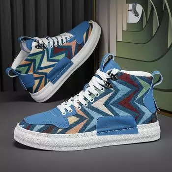 Fashion New Designer Print Canvas Shoes for Men 2024 Harajuku Style Blue High Top Sneakers Men Espadrilles Breathable Vulcanized Sneaker 39