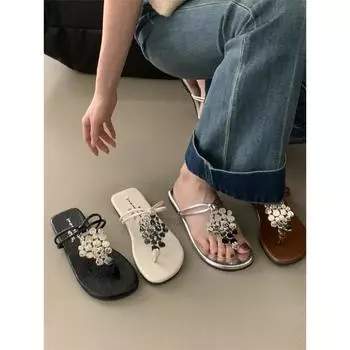 fashion New Fashion Korean Version of The Niche Flip-flops Women s Summer Open Toe Metal Buckle Holiday Beach Roman Bohemian Slippers 35 чёрный