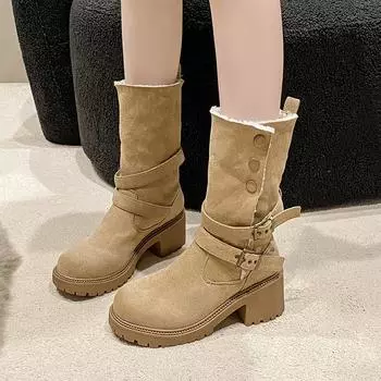 Fashion New Fashion Outdoors Women Ankle Boots Square Heel 2024 Hot Sale Solid Color Thick with Double Buckle Round Head Women s Shoes 35 абрикосовый