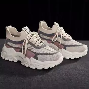 Мода Новые Fly Woven Mesh Повседневные дышащие кроссовки Корейский стиль Толстая подошва Обувь сетчатые красные легкие кроссовки для бега 36 бежевый