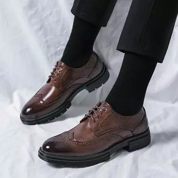 Fashion New Lace Up British Style Pointed Toe Leather Shoes Men Oxfords Business Formal Men Leather Shoes Brogue Flats Thick Soled Shoes 38 коричневый