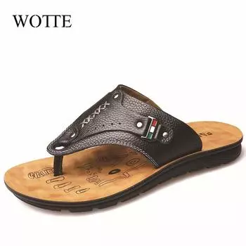 Fashion New Men Slippers Summer Flip Flops The First Layer Cow Leather Flat Heel Casual Mulers Clogs Beach Shoes High Quality Sandals 6.5 коричневый