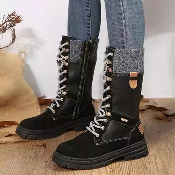 Fashion New Mid Calf Modern Boots for Women Winter Round Toe Knitted Leather Pacthwork Gothic Shoes Lace Up Side Zip Non-Slip Boot Botas 36 чёрный