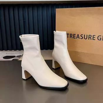 Fashion New Women Ankle Boots Outdoors Fashion 2024 High Quality Back Zipper Square Head Solid Color Women s Shoes Botines Mujer 35 бежевый