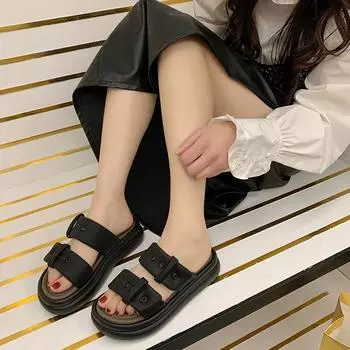 Fashion New Women s Lightweight Buckle Thick Sole Slippers Summer Slip-On Platform Slide Sandals Soft EVA Outdoor Plus Low Heel Shoes 35 чёрный
