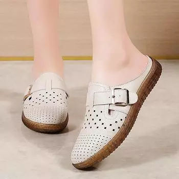 Fashion New Women Wedge Breathable Slippers Woman Anti-slip Premium Sandals Vintage Casual Female Fashion Buckle Flat Shoes Plus Size 42 35 бежевый