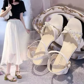 Fashion One Word Green Summer 2024 Sandals for Women Bow Pearl Beige Ladies Shoes Footwear Comfortable and Elegant Shoe Korea Sandal F H 34