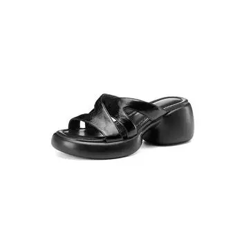 Fashion outerwear platform women s slippers retro leather one-character sandals thick heel muffin silver open-toed sandals 35 чёрный