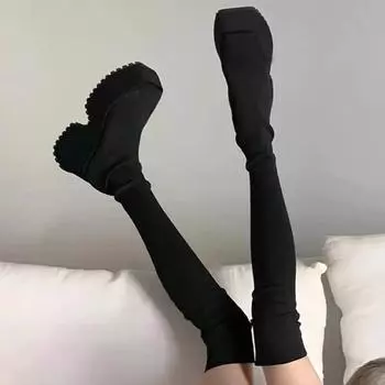 fashion Over-the-knee Square Heel Modern Boots High Heel Round Toe Female Shoes on Sale 2024 Fashion Solid Sewing Sexy Women s Boots 35 чёрный