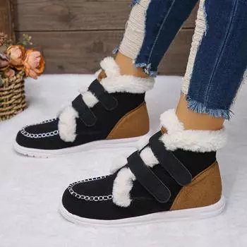 Fashion Patchwork Plush Lined Flat Boots Women Plus Size 43 Ankle Boots Color Blocked Round Head Design Warm Women Boots 36 чёрный