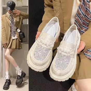 Fashion Pearl Thick Sole Women s 2024 New Spring Autumn Shallow Mouth Matching Thick Heel Shoes Fashion Versatile Casual Women s Shoes 35 бежевый
