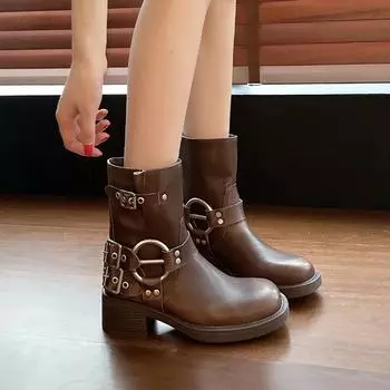 fashion Platform Combat Boots Zip Chuny Heel Buckle Vintage Fashion Casual Luxury Designer Western Mid Calf Boots Shoes Woman 34 коричневый