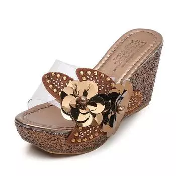 fashion platform slippers wedge slides slippers women summer shoes beach sandals slippers ladies shoes with heels pearl flower 2024 4 чёрный