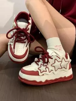 Fashion Platform Sneakers Off White Shoes Round Toe Flat Women Shoes Outdoor Concise Patchwork Star Appliques Loverly Style for Students 35 красный
