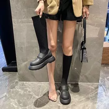 Fashion Platform Winter Knee High Shaft Long Elastic White Footwear Women s Boots Black Shoes for Woman Sock 2024 Novelty Spring Pu New 35
