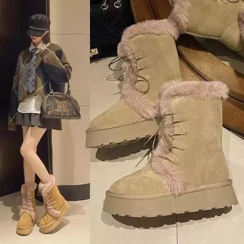 Fashion Platform Women Snow Boots Winter Mid Calf Warm Plush Cotton Shoes 2025 New Brand High Heels Boots Fashion Chelsea Boats Mujer 35 верблюд