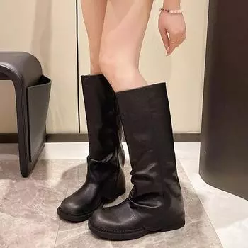 Fashion Pleated Leather Women Knee-high Knight Boot Luxurious Platform Slip-On Thick Heeled Trousers Boot Modern Shoes Botas Black/Brown 35 чёрный