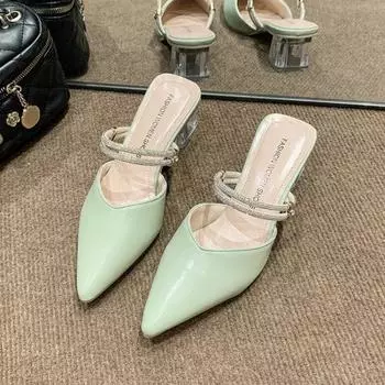 Fashion pointed high heels summer new thick heel solid color rhinestone sandals daily casual lady bag head slippers 35