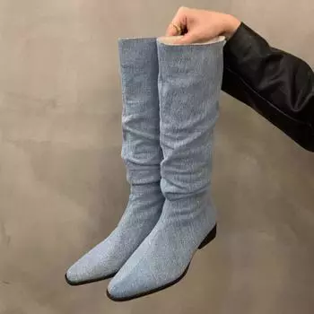 Fashion Pointed Toe High Boots Women Mid Heels Suede Chunky Cotton Shoes Woman 2024 Trend Goth Chelsea Knee High Pumps Shoes Botas Mujer 35 хаки