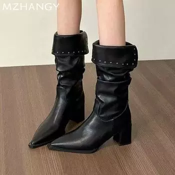 fashion Pointed Toe Women Leather Snow Ankle Boots Dress Fashion Cozy Warm Chelsea Boots Women 2025 Trend New Winter Sexy Botas Mujer 35 бежевый