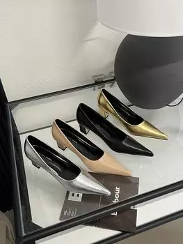 fashion Pointed Toe Women Pumps 2024 New Arrivals Black Gold Silver Beige Fashion Dress Shoes Thick High Heels Sexy Party Pumps Shoes 5.5 чёрный