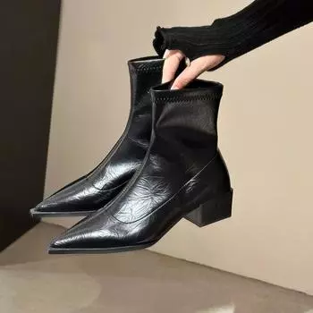 Fashion Pointed Toe Women s Ankle Boots 2024 New Black Beige Square Medium Heel Slip-On Stretch Boots Women Boots 35 серебряный