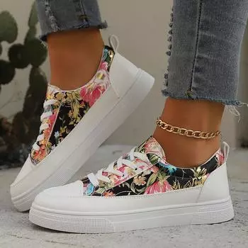 fashion Pu Leather Printed Flat Sneakers for Women 2024 Plus Size Fashion Lightweight Walking Shoes Woman Lace Up Non Slip Casual Shoes 36
