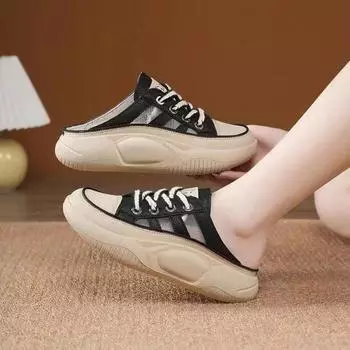 Fashion Retro Casual Beach Shoes for Women Summer Half Slippers Baotou Hollow Lace Up Platform Sandals Ladies Outdoor Pu Slipper 35 чёрный