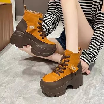 Fashion Retro Chunky Sneakers for Women s Fashion Lace Up Ankle Boots Platform Increase Height Casual Mixed Colors High-top Shoes 35 чёрный