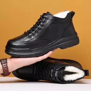 Fashion Retro Leather Velvet Warm Platform Snow Boots for Men Designer Soft-soled Winter Men s Cotton Shoes Fashion Wool Work Boots Male 38