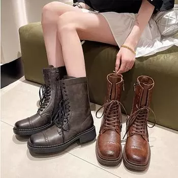 Fashion Retro Mid-calf Lace-up Biker Boots Women 2025 Winter Fashion Square Toe Side Zipper Design Chunky Platform Ankle Boots for Women 35 коричневый
