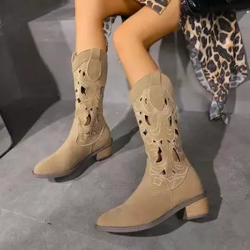 Fashion Retro Real Suede Hollowed Knee-high Women Long Boots Khaki Pointed Slip-On Thick Mid Heels National Style Shoes Botines Mujer 36 хаки