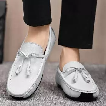 Fashion Round toe men s leather shoes Tassel Fashion Style Comfortable flat bottom Party Outdoor Leisure Business Men Slip on loafer 38 коричневый