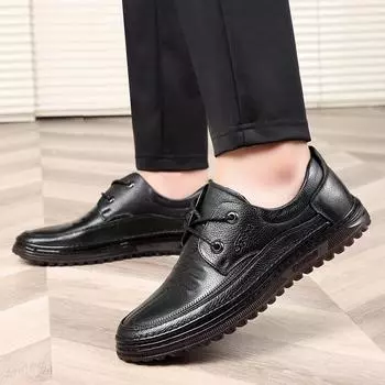 Fashion Round toe men s leather shoes Comfortable flat bottom anti slip Daily office Outdoor leisure business walking men s Walk shoes 38 чёрный