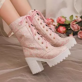 Fashion Round Toe Platform Super High Thick Heel Floral Lolita Style Girl s Mid-Calf Boots Breathable Lining Autumn New Sweet Boots 34 розовый